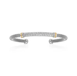 925 Solid Sterling Silver Gold Accents CZ Bar Italian Cuff Bracelet 6"-7" Bangle - Picture 1 of 5