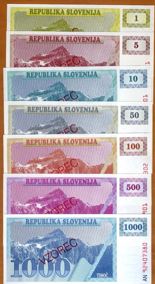 SPECIMEN SET, Slovenia, 1-5-10-50-100-500-1000 (Tolarjev), 1990-1992, UNC - Image 1 of 1