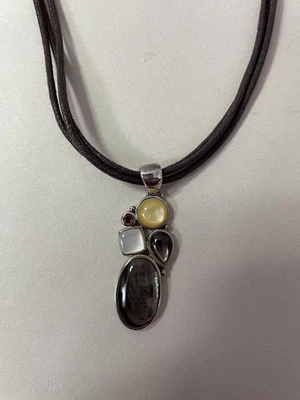 Sterling Mother of Pearl Multi Stone Freeform Pendant Triple Strand Cord Choker - Image 1 of 3