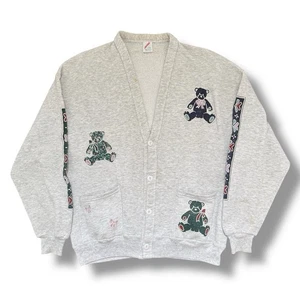 Vintage 90s Teddy Bear Cardigan Sweatshirt OSFA XL 23X28 Heather Gray Button USA - Picture 1 of 10
