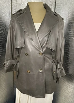 Chaqueta Coach de Cuero Doble Pecho Gris Marrón Talla 2 Nueva Sin Etiquetas Foto 1 de 4