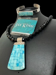 Estate NWT JAY KING-MOSAIC TURQUOISE ENHANCER ONYX BEAD NECKLACE & CUFF BRACELET - Picture 1 of 14