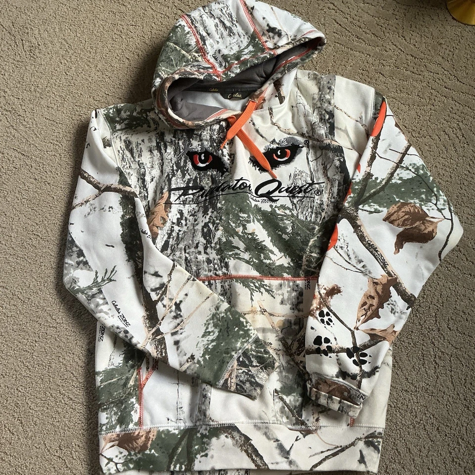 Cabelas Hoodie Mens M White Camo Snow Sweatshirt Pullover Predator Quest Cotton - Image 1 of 1