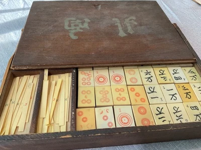 Antique Chinese Mahjong  Set  bone & Wood Tiles, Bamboo Sticks, in  Wooden Box - Image 1 of 4