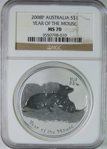 2008 P Australia Lunar Year of the Mouse 1oz .999 Silver $1 Coin NGC MS70 - Picture 1 of 4