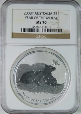 2008 P Australia Lunar Year of the Mouse 1oz .999 Silver $1 Coin NGC MS70 - Image 1 of 4