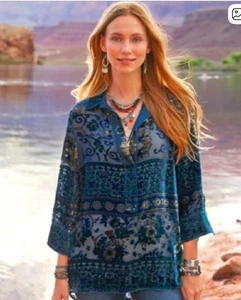 Sundance tunica blusa donna taglia grande blu velluto burnout misto seta trasparente - Foto 1 di 24