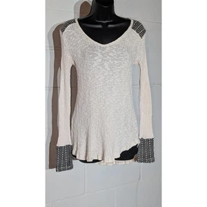 Staccato Long Sleeve V Neck Top Ribbed Knit Cream Black Shoulder Medium - Picture 1 of 4