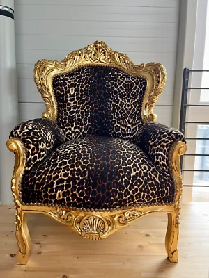 Fauteuil français Louis velours chaise finition dorée imprimé léopard fauteuil décoration maison - Photo 1/4