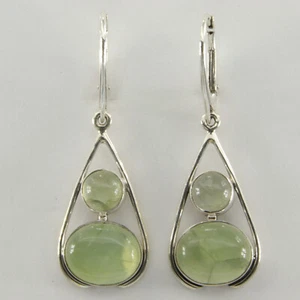 925 Sterling Silver Green Oval and Round Prehnite Teardrop Leverback Earrings - Picture 1 of 4