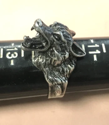 Anillo cabeza lobo enojado - G&S motociclista y anillo de bronce de metal pesado - talla 12,5 Foto 1 de 4