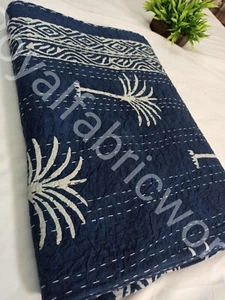 Bedding Kantha Bedspread Throw Cotton Bedcover Block Print Handmade Blue Indigo - Picture 1 of 9