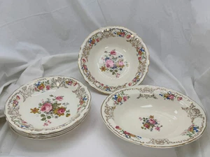Edward Knowles 1910 Chintz 4 cuencos de sopa 1 óvalo 1 redondo 9" oro floral temprano EE. UU. - Imagen 1 de 13