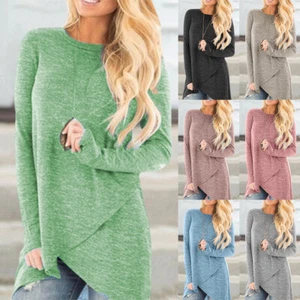 Womens Round Neck Long Sleeve Solid Irregular Tops Ladies Casual Blouse T-shirts - Picture 1 of 31