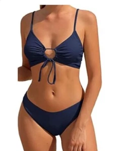 Zaful Navy Blue Two Piece Keyhole Front Bikini Set Women's Size 8 Cut Out NWOT - Picture 1 of 20