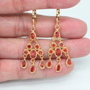 18K Yellow Gold Filled Red Mystic Topaz Palace Chandelier Wedding Earrings - Picture 1 of 4