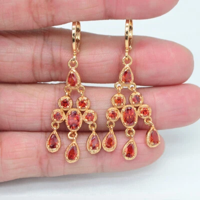 18K Yellow Gold Filled Red Mystic Topaz Palace Chandelier Wedding Earrings - Image 1 of 2