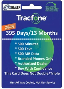 TracFone Service Extension 395 Days 500min/500txt/500MB Data. Number Required - Picture 1 of 1