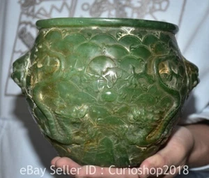 7.4" Chinese Natural Green Jade Carving Dragon Lion Beast ear Jar Pot Crock - Picture 1 of 10