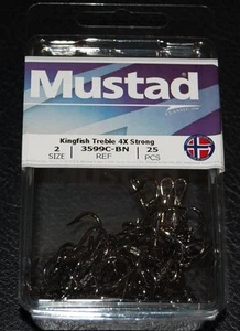 25 Mustad 3599CBN-02 4X Strong Kingfish Black Nickel Size 2 Treble Hooks - Picture 1 of 2