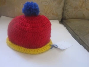 Red Baby Beanie Boy Girl Crochet Blue Pompom yellow edge 0- 6 mo.Handmade - Picture 1 of 2