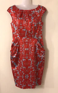 Veronika Maine Dress Sz 10 S Red Blue Fossil Print Satin Sheath Boat Neck Pocket - Picture 1 of 19