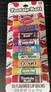 Tootsie Roll 10 PC Set LIP BALMS  Blow pop Dots Sugar Daddy Blue Razz Mix New - Picture 1 of 2