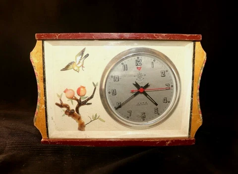 Vintage Alarm clock like a Painting, Made Of Wood & Metal & Seashell, Rare Clock Cover