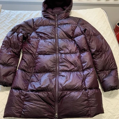 Eddie Bauer Down Puffer Long Jacket Womens Large EB550 Hooded Plum *Tiny Flaw* - Image 1 of 4