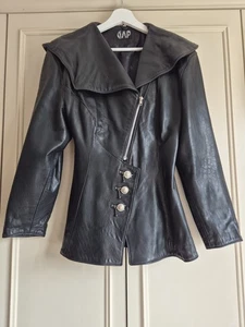 Vintage 80s Gap Leather Jacket, Black, Button + Zips, Steampunk, Size Small - Picture 1 of 10