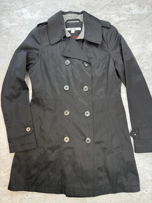 Gabardina DKNY Mujer Pequeña Negra Doble Pecho Larga Botón Chaqueta Bolsillos Foto 1 de 4