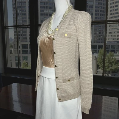 Cárdigan tejido Banana Republic para mujer XS beige dorado botón suéter metálico oficina Foto 1 de 4