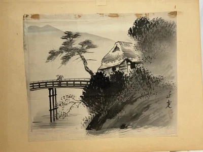 Pintura japonesa vintage de tinta Sumi-e sobre seda firmada paisaje puente casa arte Foto 1 de 4