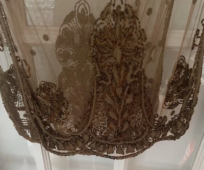 Indian Vintage Heavy Beige Dupatta Net Mesh Long Stole Hand Beaded Scarf - Image 1 of 4