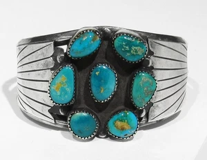 Large OLD Signed Navajo 925 Silver Blue Gem Turquoise Cluster Bracelet 6 1/4" - Picture 1 of 10