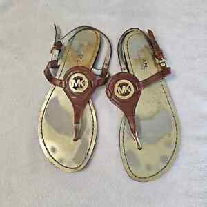 MICHAEL Michael Kors Women's Conway T Strap Leather Sandal Brown Size 7