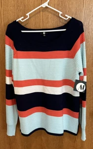 New w Tag A&I Womens Navy Blue Coral White Stripe Sweater Top Shirt Size L - Picture 1 of 3