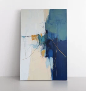 Impresión de pintura abstracta azul blanco crema oro sobre lienzo enmarcado arte de pared, moderno - Imagen 1 de 12