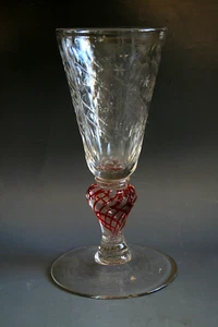 ANTIQUE 18TH CENTURY BOHEMIAN GLASS WITH ENGRAVED BOWL AND COLOR TWIST STEM - Picture 1 of 4