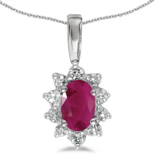 10k White Gold Oval Ruby And Diamond Pendant with 18" Chain - Picture 1 of 3