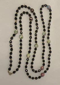 54" Italian Venetian Murano art glass wedding cake faceted black bead necklace - Picture 1 of 8
