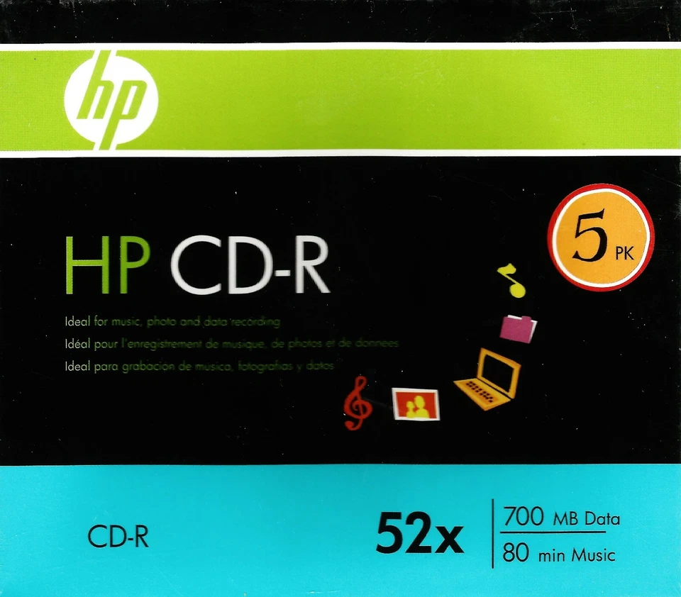 HP CD-R 52x 700 MB Data 80 Min Music 5 Pack *BRAND NEW & SEALED* w/ Jewel Cases - Image 1 of 1