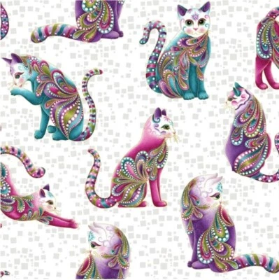 5/6 Yard Benartex Cat-i-tude Cats Paisleys Gold Metallic White Cotton Fabric - Image 1 of 2