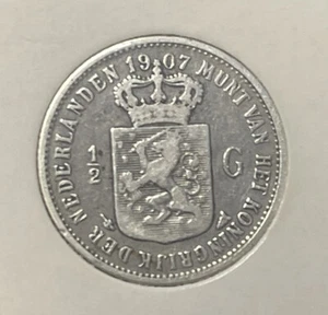 NIEDERLANDE 1907 SILBERMÜNZE 1/2 GULDEN WILLIAM III KM 121, SCHLÜSSELDATUM - Bild 1 von 2