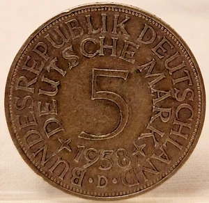 Silber Deutschland 5 DM Kursmünzen 1958 D Silberadler Heiermann Jägerkatalog 387 - Bild 1 von 2