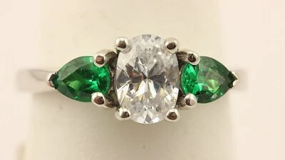 Anillo de 3 piedras tsavorita verde circonita cúbica oro blanco 14k talla 6 0,61 ctw 3,12 gramos Estate Foto 1 de 4