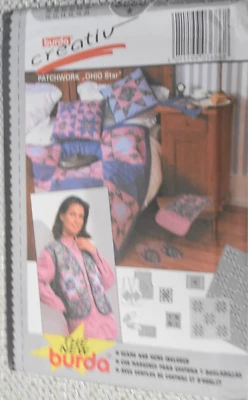 BURDA 3686 MISSES PATCHWORK OHIO STAR VEST SLIPPERS PILLOW BAG PATTERN-UNCUT - Image 1 of 2