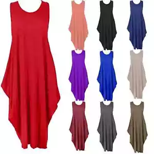 New Ladies Sleeveless Italian Lagenlook Tulip Parachute Summer Midi Dress Top - Picture 1 of 16