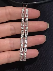 Lab Created White Sapphire Baguette & Round Dangle Earrings 925 Silver 3.25 Inch - Picture 1 of 10