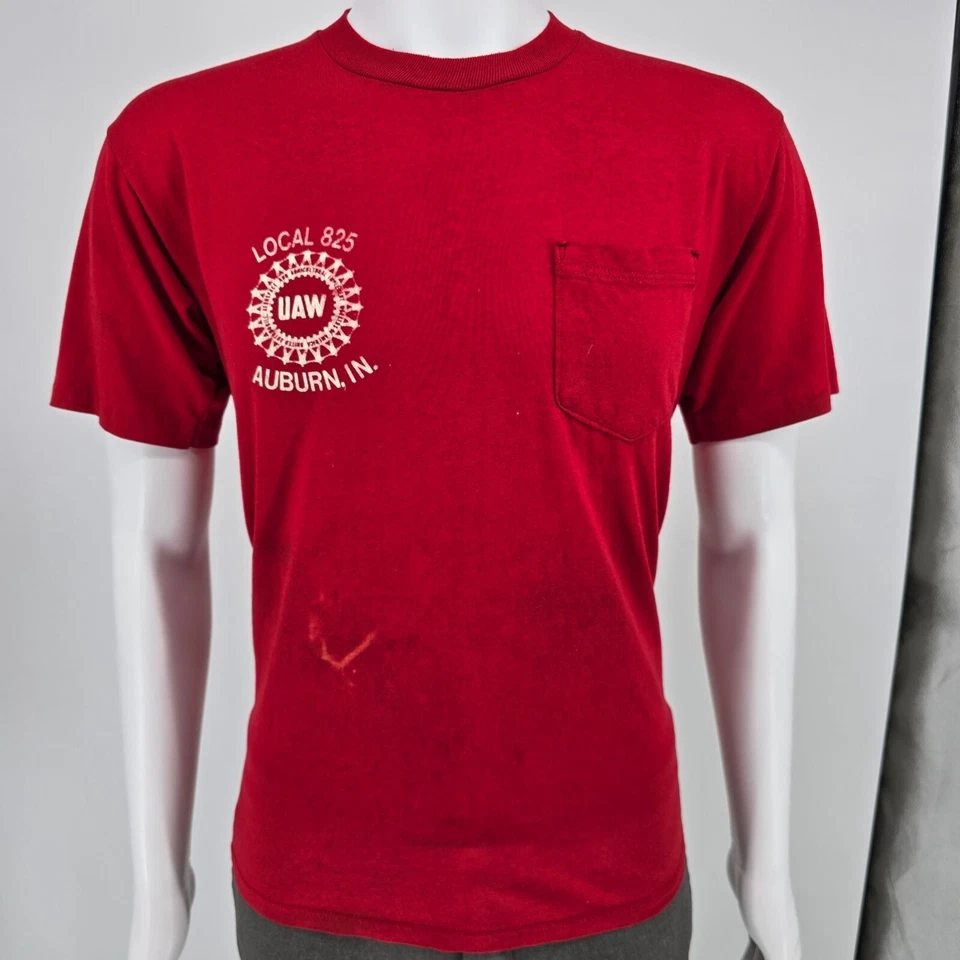 Camiseta de Bolsillo Envejecida Vintage Años 90 UAW Local 825 Castaño Rojizo, Indiana (M/L) Foto 1 de 4
